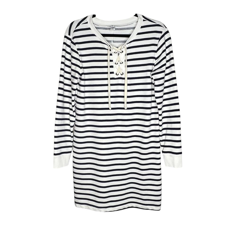 Old Navy Lace Up Sweatshirt Dress M Medium Navy Cream Stripe Nautical Academia